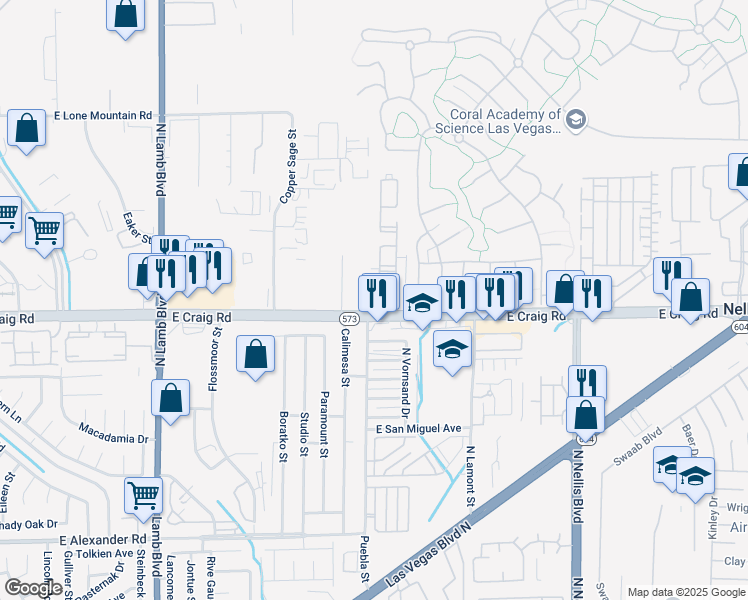 map of restaurants, bars, coffee shops, grocery stores, and more near 4730 East Craig Road in Las Vegas
