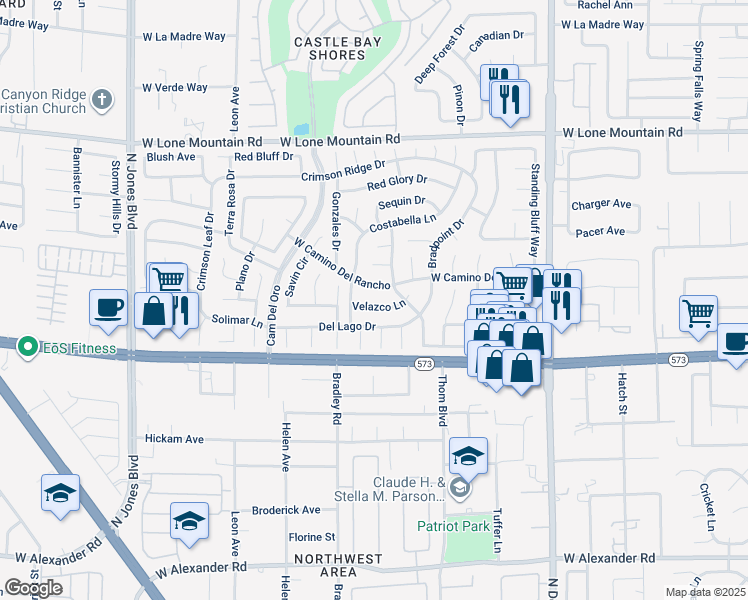 map of restaurants, bars, coffee shops, grocery stores, and more near 5252 Velazco Lane in Las Vegas