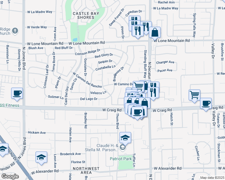 map of restaurants, bars, coffee shops, grocery stores, and more near 5200 Velazco Lane in Las Vegas