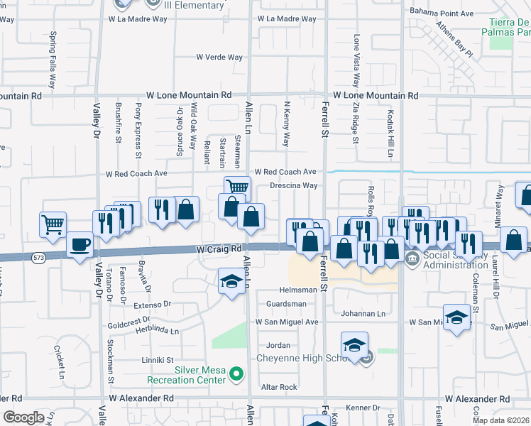 map of restaurants, bars, coffee shops, grocery stores, and more near 3600 Uranus Drive in North Las Vegas