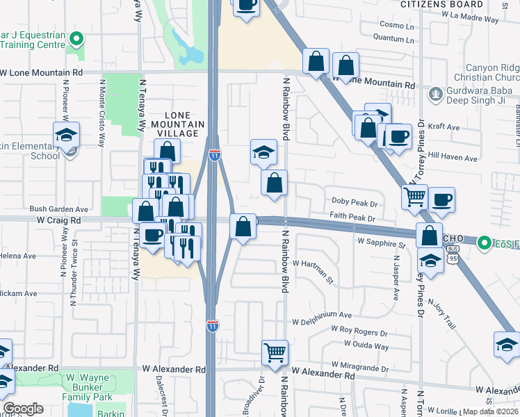 map of restaurants, bars, coffee shops, grocery stores, and more near 4445 N Rainbow Blvd in Las Vegas