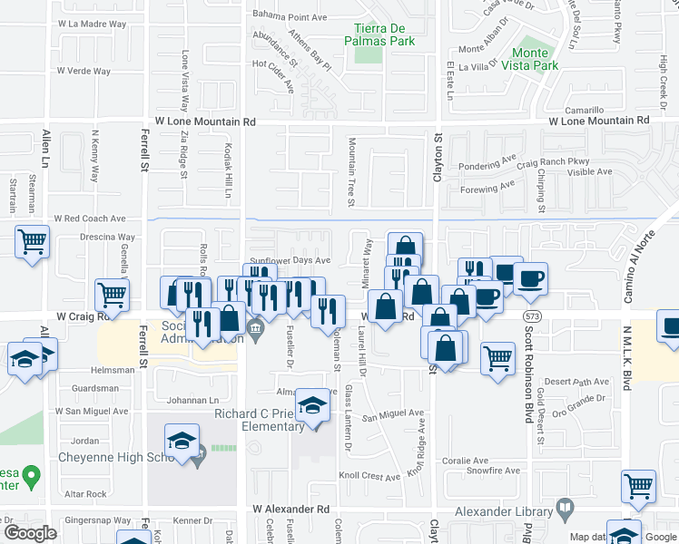 map of restaurants, bars, coffee shops, grocery stores, and more near 2341 West Whitney Peak Way in North Las Vegas