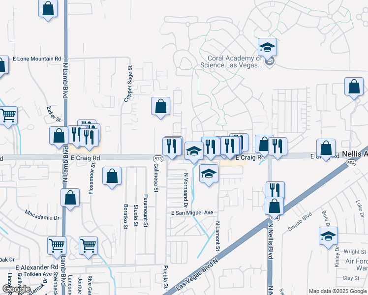 map of restaurants, bars, coffee shops, grocery stores, and more near 4730 East Craig Road in Las Vegas