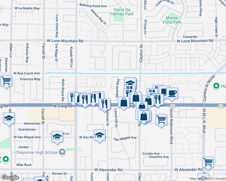map of restaurants, bars, coffee shops, grocery stores, and more near 2325 Whitney Peak Way in North Las Vegas