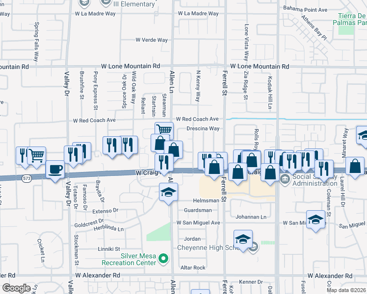 map of restaurants, bars, coffee shops, grocery stores, and more near 3600 Uranus Drive in North Las Vegas