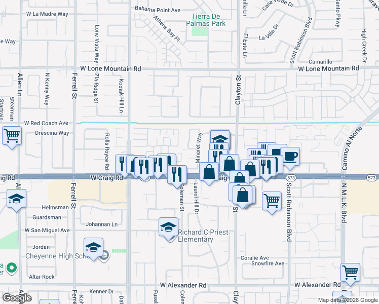 map of restaurants, bars, coffee shops, grocery stores, and more near 4505 Minaret Way in North Las Vegas