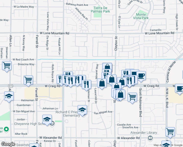 map of restaurants, bars, coffee shops, grocery stores, and more near 2333 West Whitney Peak Way in North Las Vegas