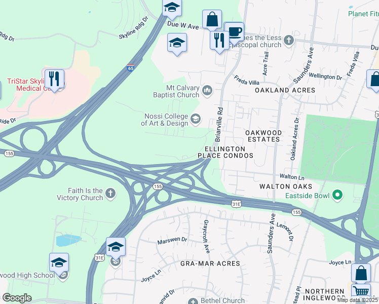 map of restaurants, bars, coffee shops, grocery stores, and more near 600 Creative Way in Nashville