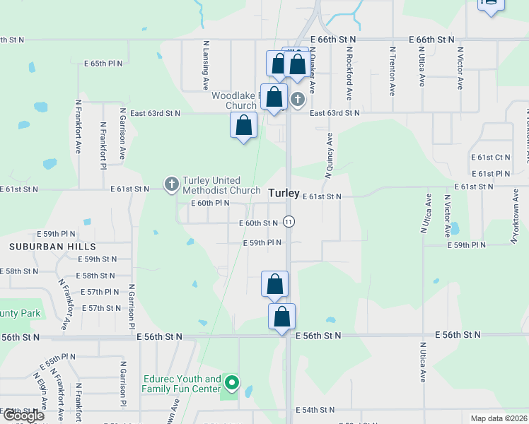 map of restaurants, bars, coffee shops, grocery stores, and more near 1110 East 60th Place North in Tulsa