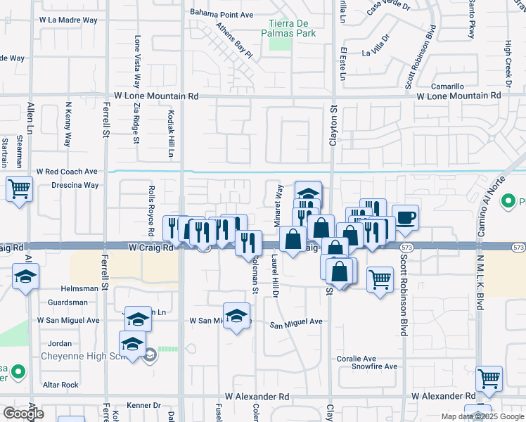 map of restaurants, bars, coffee shops, grocery stores, and more near 2333 West Whitney Peak Way in North Las Vegas