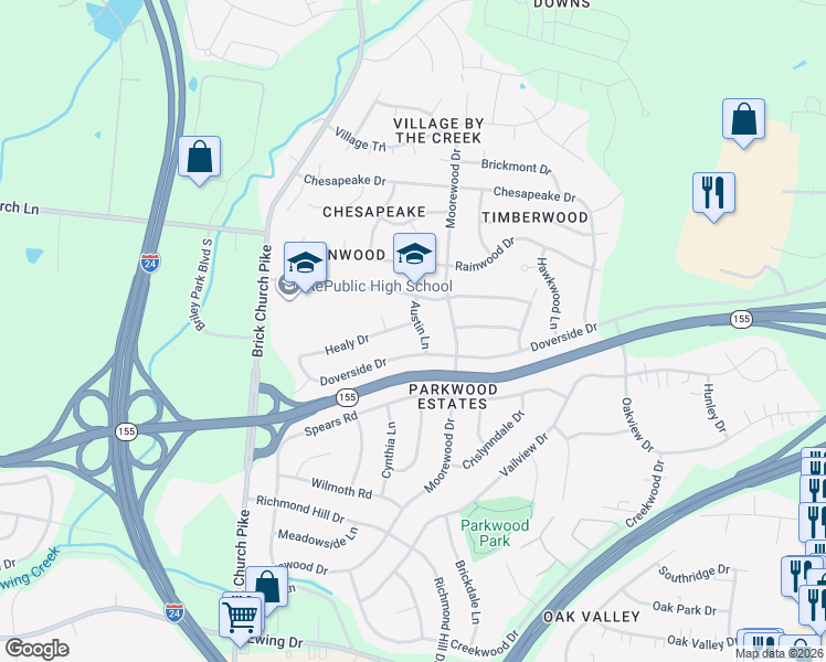 map of restaurants, bars, coffee shops, grocery stores, and more near 3305 Austin Lane in Nashville