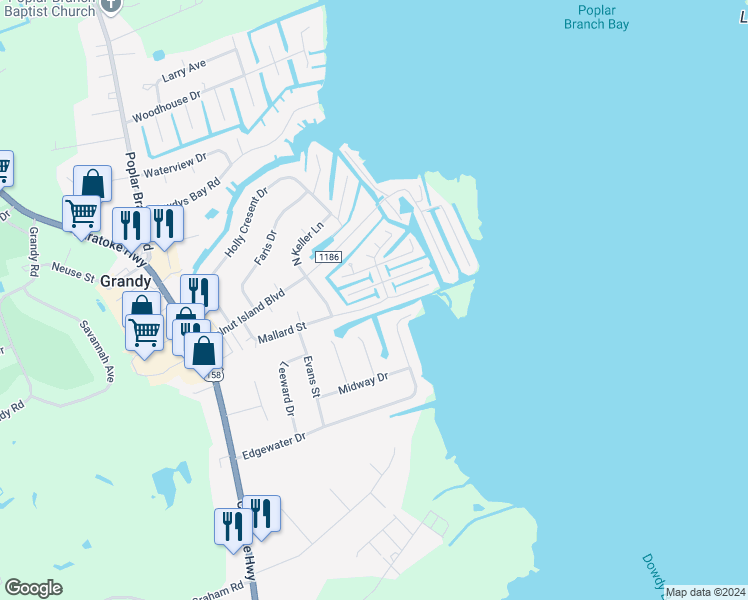map of restaurants, bars, coffee shops, grocery stores, and more near 121 Mallard Lane in Grandy
