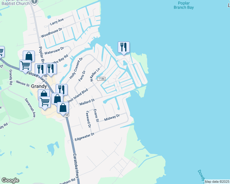 map of restaurants, bars, coffee shops, grocery stores, and more near 121 Mallard Lane in Grandy