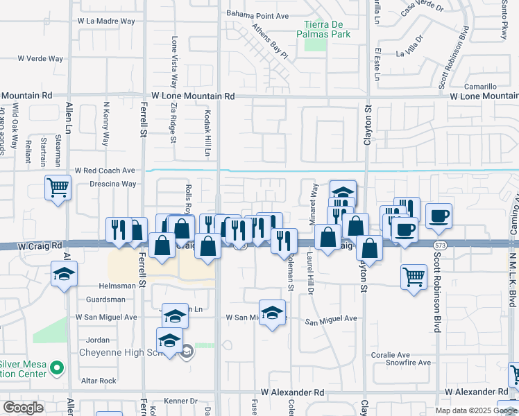 map of restaurants, bars, coffee shops, grocery stores, and more near 4495 Vigny Street in North Las Vegas