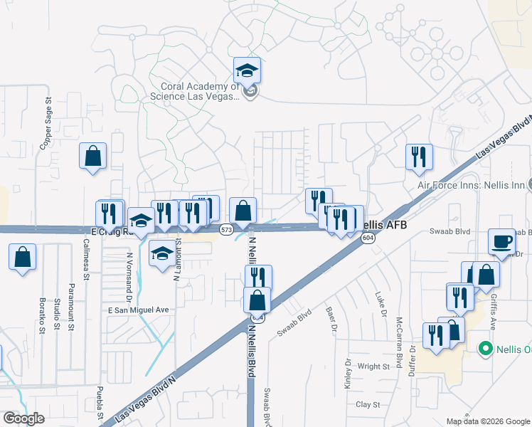 map of restaurants, bars, coffee shops, grocery stores, and more near 5129 Dubris Drive in Las Vegas