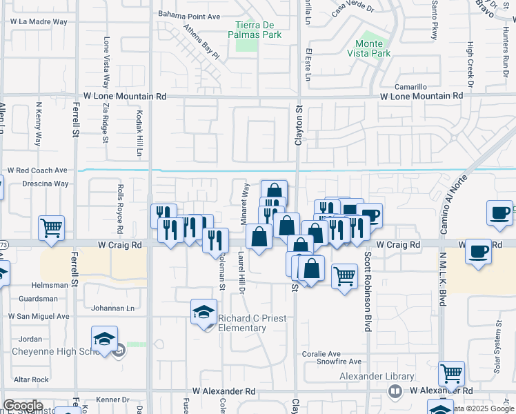 map of restaurants, bars, coffee shops, grocery stores, and more near 4503 Monitor Way in North Las Vegas