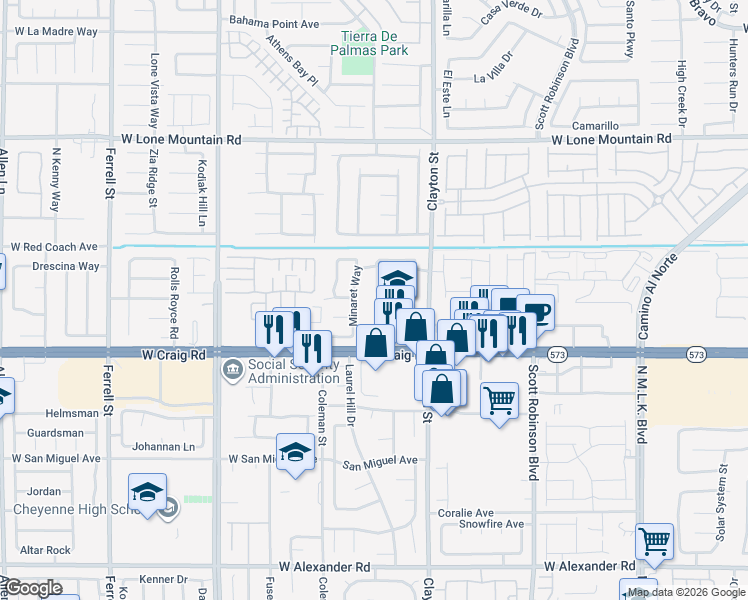 map of restaurants, bars, coffee shops, grocery stores, and more near 4503 Monitor Way in North Las Vegas