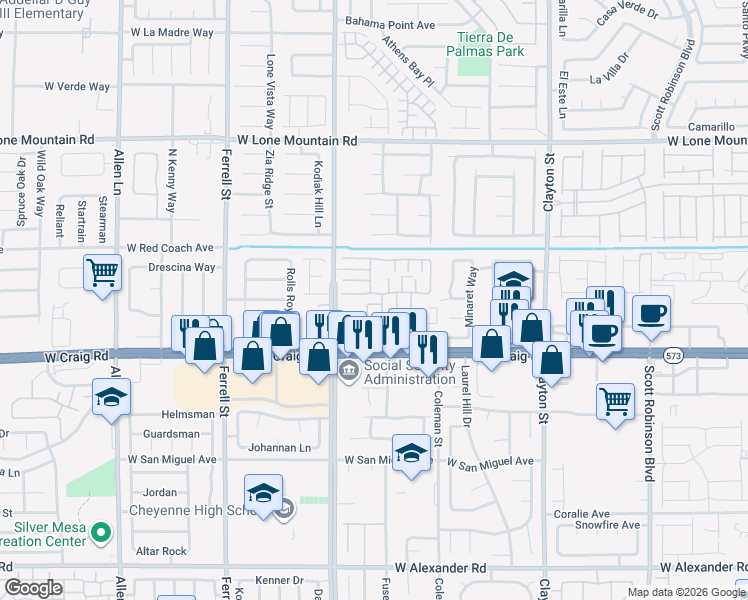 map of restaurants, bars, coffee shops, grocery stores, and more near 2725 Teal Gardens Court in North Las Vegas