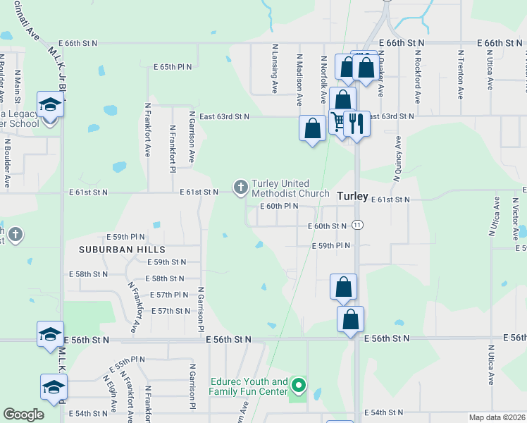 map of restaurants, bars, coffee shops, grocery stores, and more near 6020 North Lansing Avenue in Tulsa