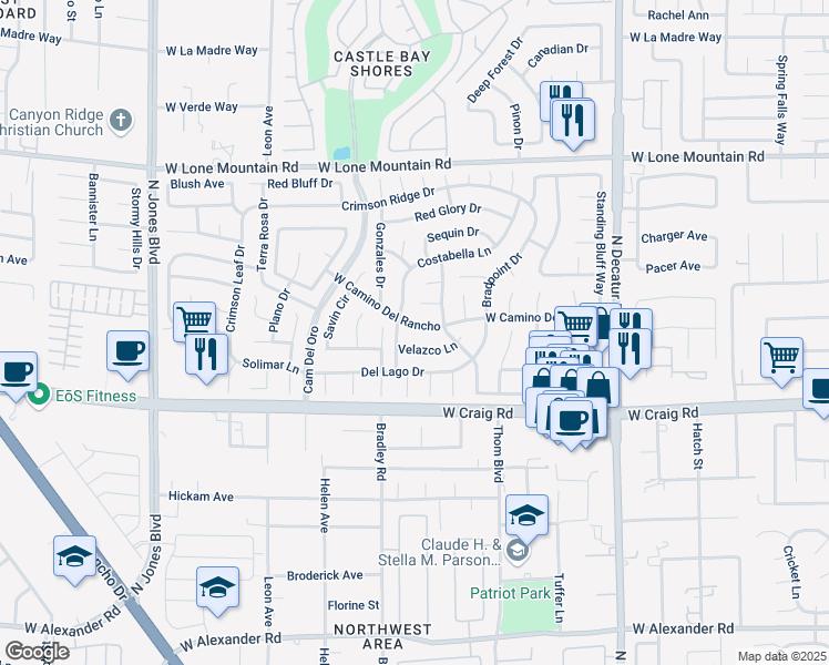 map of restaurants, bars, coffee shops, grocery stores, and more near 5305 West Camino Del Rancho in Las Vegas