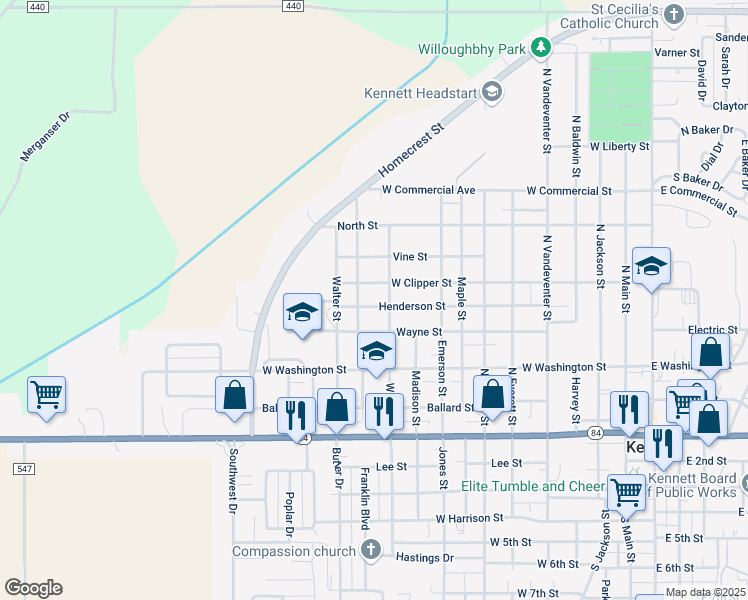 map of restaurants, bars, coffee shops, grocery stores, and more near 1007 West Clipper Street in Kennett
