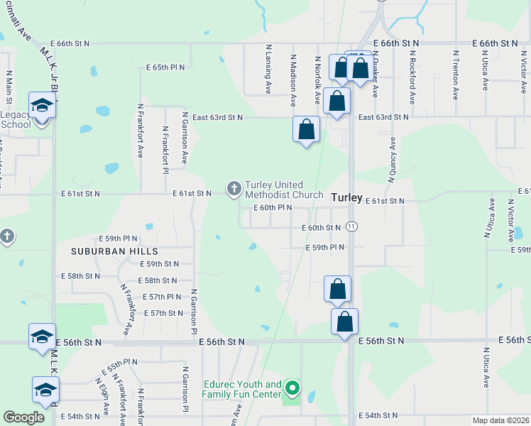 map of restaurants, bars, coffee shops, grocery stores, and more near 6020 North Lansing Avenue in Tulsa