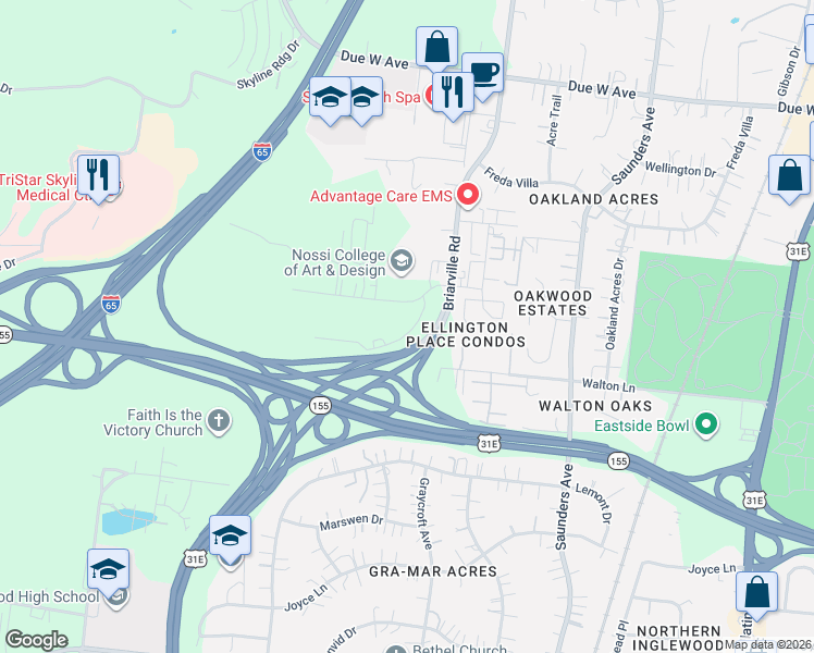 map of restaurants, bars, coffee shops, grocery stores, and more near 1320 Briarville Road in Nashville