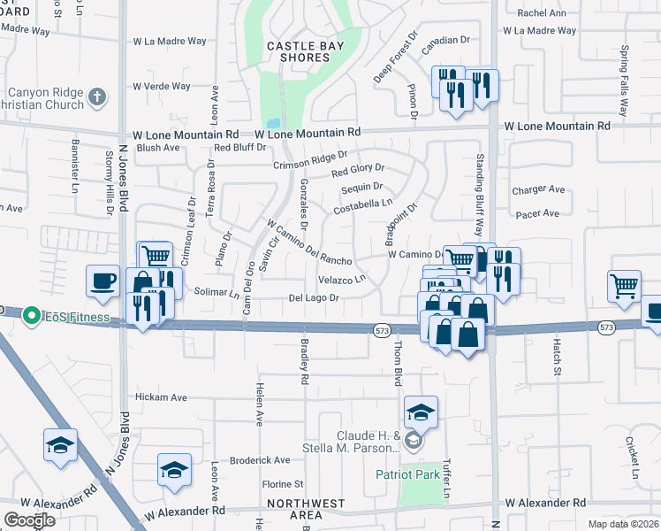 map of restaurants, bars, coffee shops, grocery stores, and more near 5224 West Camino Del Rancho in Las Vegas