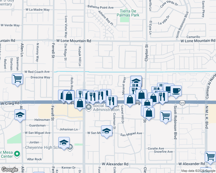 map of restaurants, bars, coffee shops, grocery stores, and more near 2495 Sunflower Days Avenue in North Las Vegas