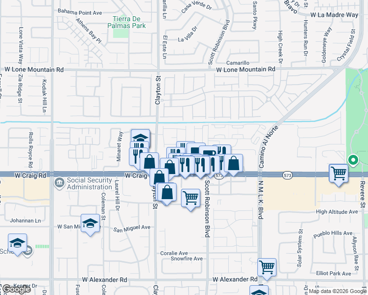 map of restaurants, bars, coffee shops, grocery stores, and more near 1905 Rini Ridge Avenue in North Las Vegas