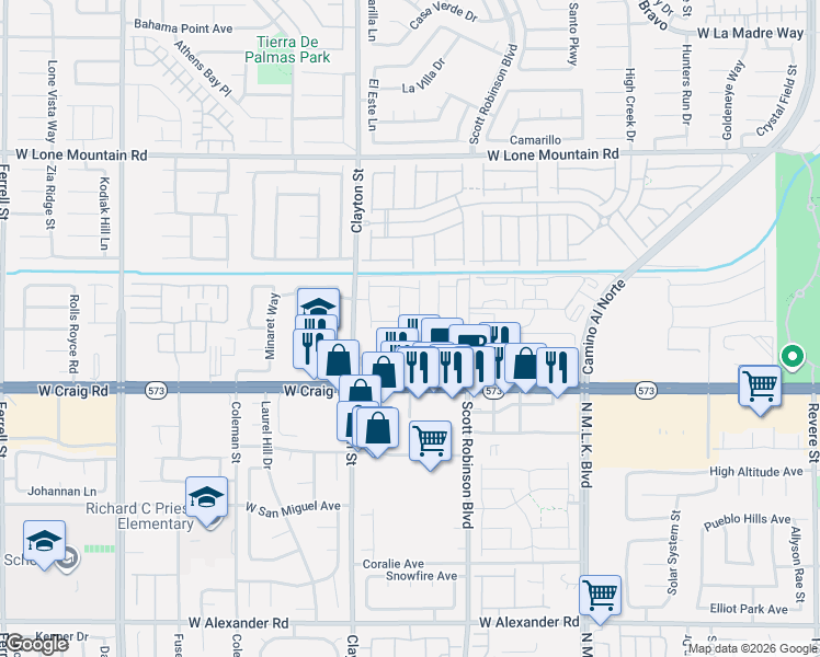 map of restaurants, bars, coffee shops, grocery stores, and more near 1905 Rini Ridge Avenue in North Las Vegas