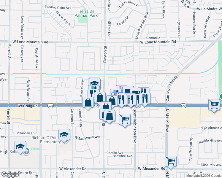 map of restaurants, bars, coffee shops, grocery stores, and more near Nevada 573 in North Las Vegas