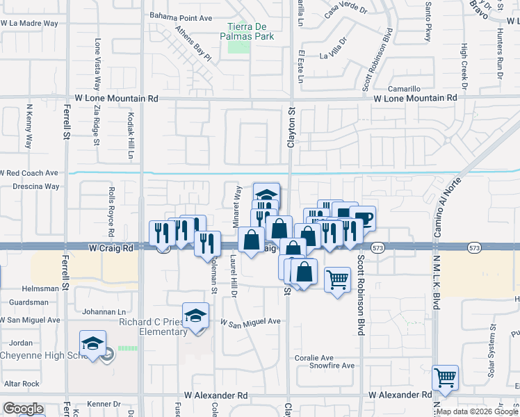 map of restaurants, bars, coffee shops, grocery stores, and more near 4510 Monitor Way in North Las Vegas