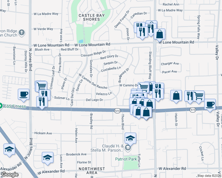 map of restaurants, bars, coffee shops, grocery stores, and more near 5200 Velazco Lane in Las Vegas