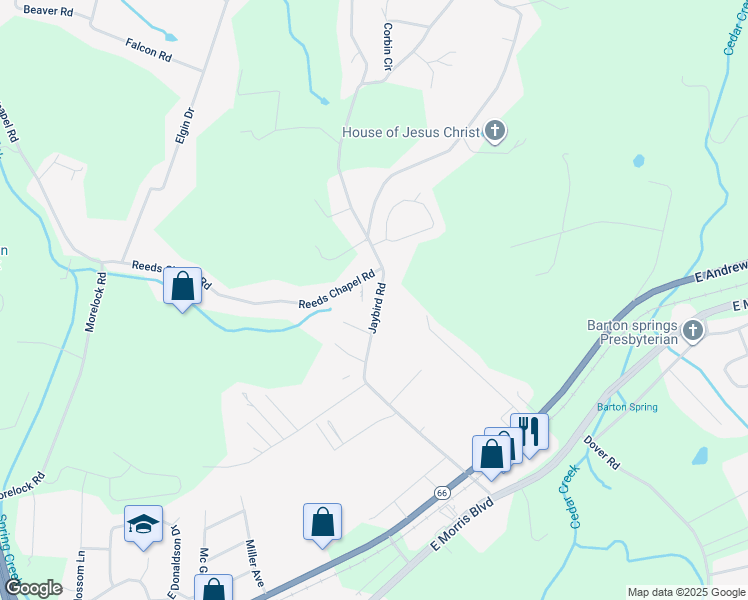 map of restaurants, bars, coffee shops, grocery stores, and more near 743 Jaybird Road in Morristown