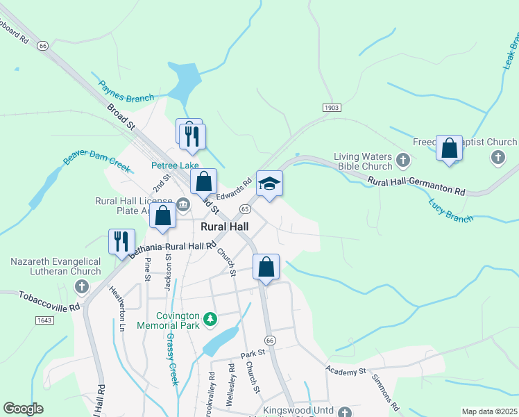 map of restaurants, bars, coffee shops, grocery stores, and more near 275 College Street in Rural Hall