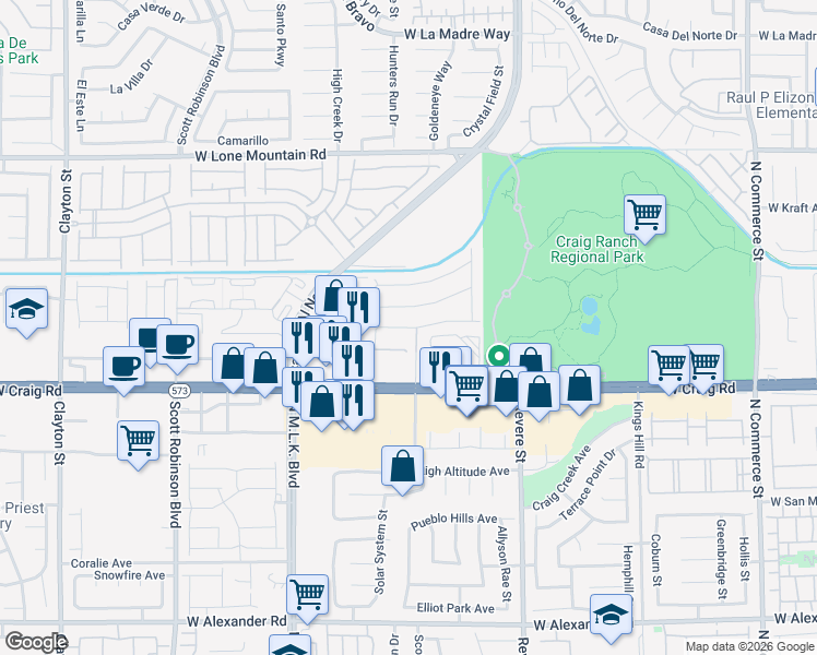 map of restaurants, bars, coffee shops, grocery stores, and more near 1306 West Craig Road in North Las Vegas