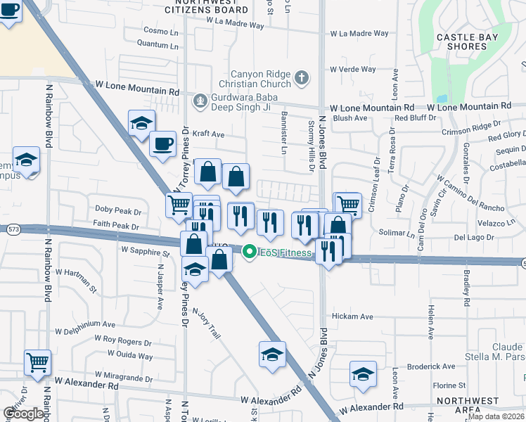 map of restaurants, bars, coffee shops, grocery stores, and more near 6125 Mission Gorge Court in Las Vegas