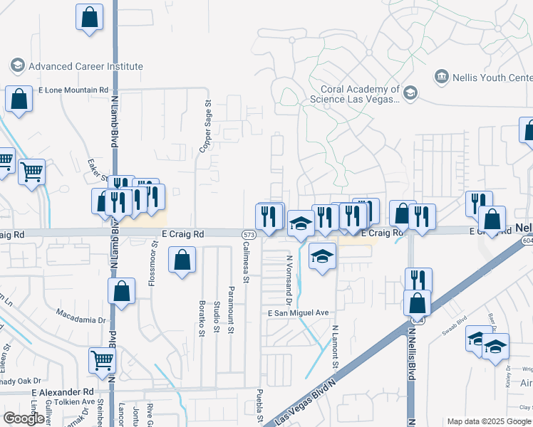 map of restaurants, bars, coffee shops, grocery stores, and more near 4730 East Craig Road in Las Vegas