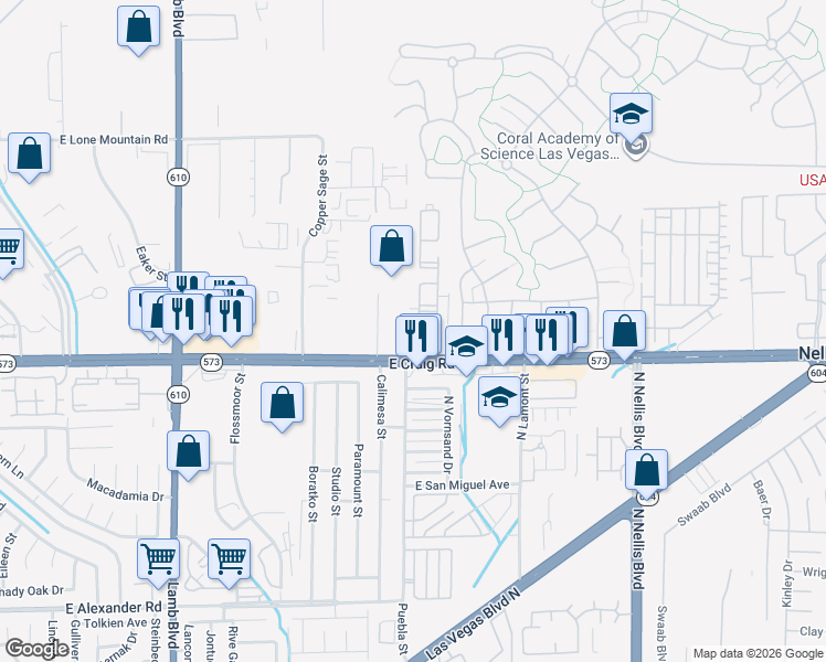 map of restaurants, bars, coffee shops, grocery stores, and more near 4464 Calimesa Street in Las Vegas