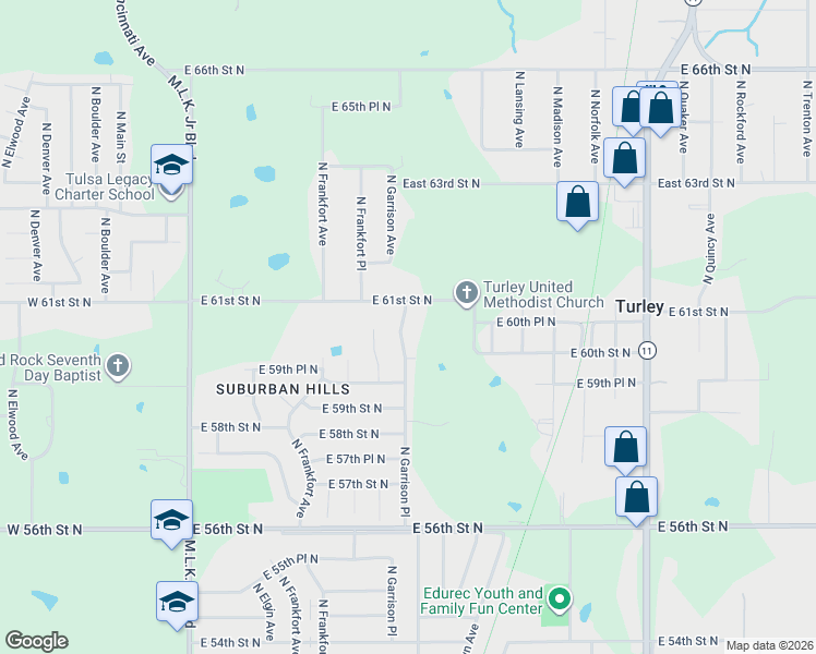 map of restaurants, bars, coffee shops, grocery stores, and more near 6027 North Garrison Place in Tulsa