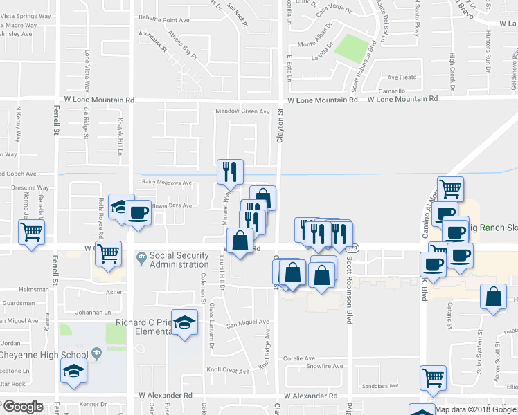 map of restaurants, bars, coffee shops, grocery stores, and more near 4510 Calico Cliff Court in North Las Vegas