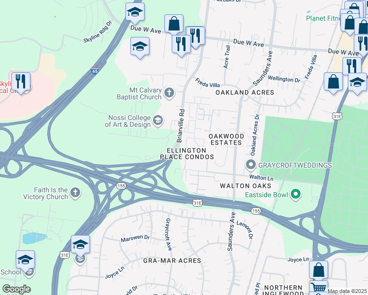 map of restaurants, bars, coffee shops, grocery stores, and more near 234 Ellington Place in Nashville