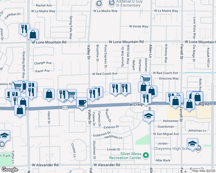 map of restaurants, bars, coffee shops, grocery stores, and more near 4516 Pony Express Street in North Las Vegas