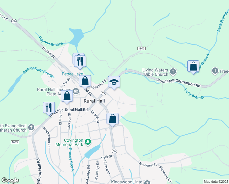map of restaurants, bars, coffee shops, grocery stores, and more near 275 College Street in Rural Hall