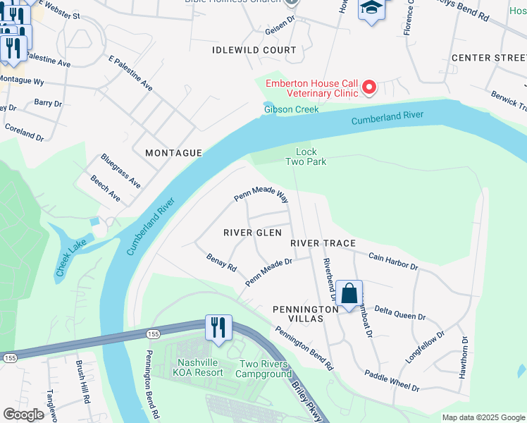 map of restaurants, bars, coffee shops, grocery stores, and more near 2615 River Meade Way in Nashville