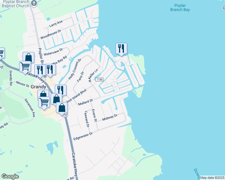 map of restaurants, bars, coffee shops, grocery stores, and more near 105 Bluefish Ct in Grandy