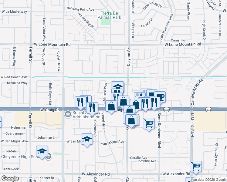 map of restaurants, bars, coffee shops, grocery stores, and more near 4510 Monitor Way in North Las Vegas