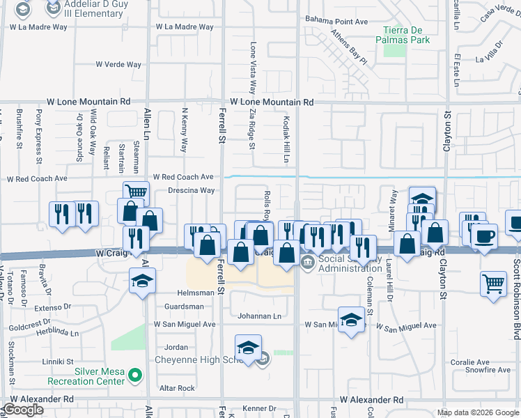 map of restaurants, bars, coffee shops, grocery stores, and more near 3102 Alfa Romero Avenue in North Las Vegas