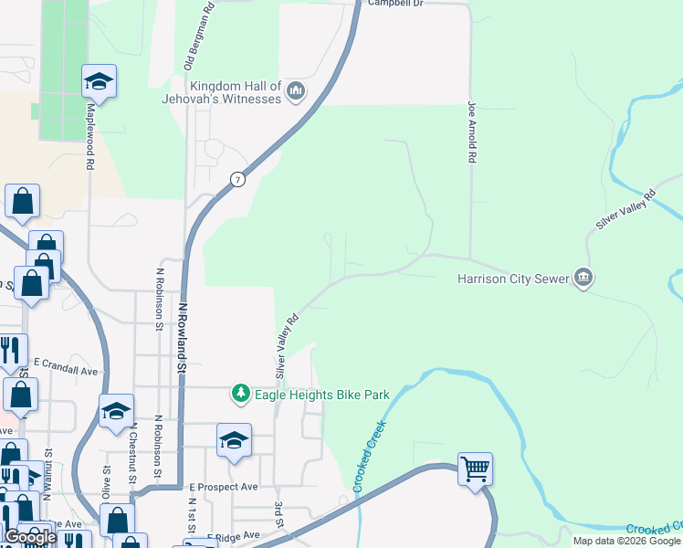 map of restaurants, bars, coffee shops, grocery stores, and more near 883 Silver Valley Road in Harrison